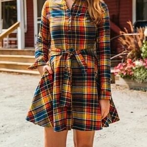 Plaid Button-Up Belted Dress